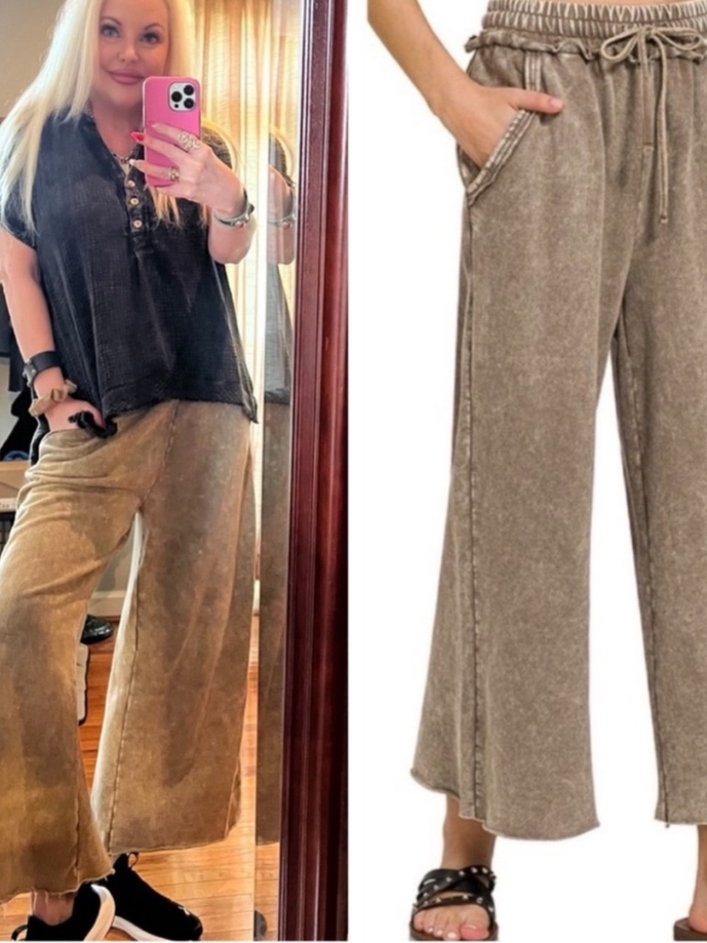 Cozy Acid Wash Cotton Stretchy Waist Wide leg Pants - Picture 3 of 3